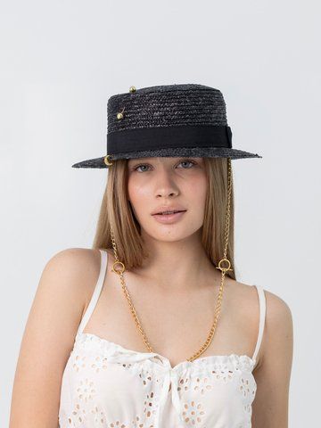 Канотье соломенная с полями 5 см з ланцюгом D.Hats чёрного цвета 3118255756 фото