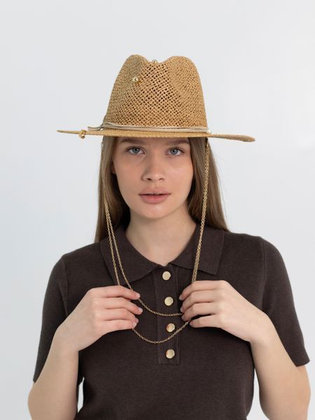 Шляпа Федора женская D.Hats из рафия с двойной цепью золото коричневая 2301986098 фото