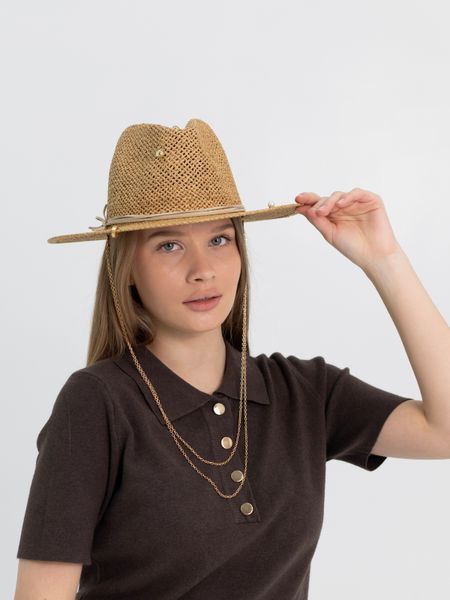 Шляпа Федора женская D.Hats из рафия с двойной цепью золото коричневая 2301986098 фото