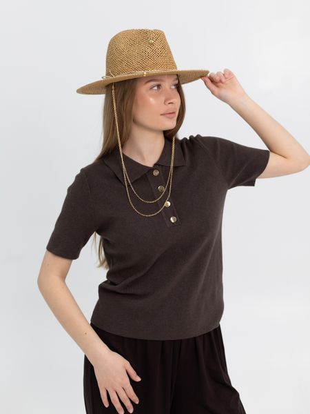 Шляпа Федора женская D.Hats из рафия с двойной цепью золото коричневая 2301986098 фото