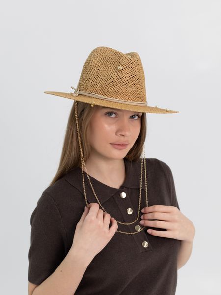 Шляпа Федора женская D.Hats из рафия с двойной цепью золото коричневая 2301986098 фото