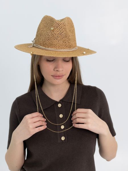 Шляпа Федора женская D.Hats из рафия с двойной цепью золото коричневая 2301986098 фото