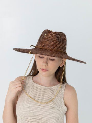 Капелюх солом'яний Федора з полями 11 см D.Hats коричневий з ланцюгом 3093128152 фото
