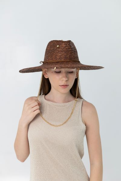 Капелюх солом'яний Федора з полями 11 см D.Hats коричневий з ланцюгом 3093128152 фото