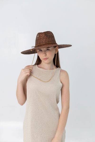 Капелюх солом'яний Федора з полями 11 см D.Hats коричневий з ланцюгом 3093128152 фото