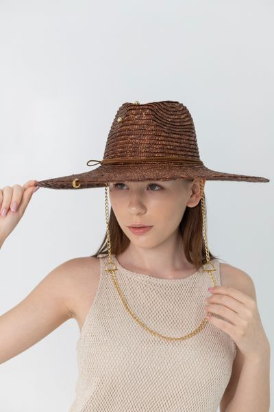 Капелюх солом'яний Федора з полями 11 см D.Hats коричневий з ланцюгом 3093128152 фото