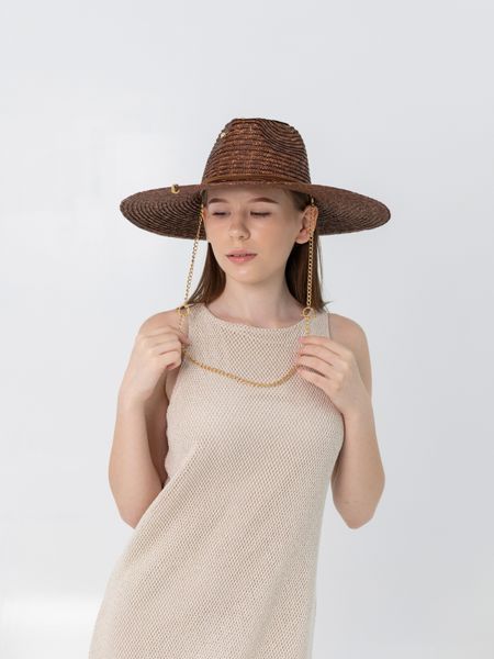 Капелюх солом'яний Федора з полями 11 см D.Hats коричневий з ланцюгом 3093128152 фото