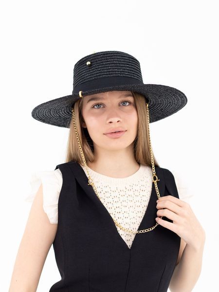Соломенная шляпа Канотье с полями 10 см с золотистой цепью D.Hats черного цвета 3039079143 фото