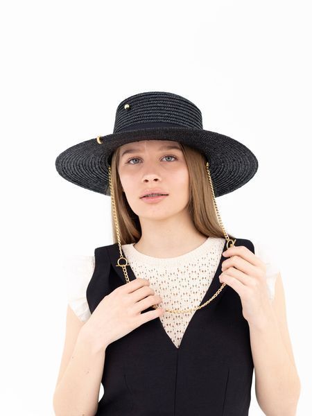 Соломенная шляпа Канотье с полями 10 см с золотистой цепью D.Hats черного цвета 3039079143 фото