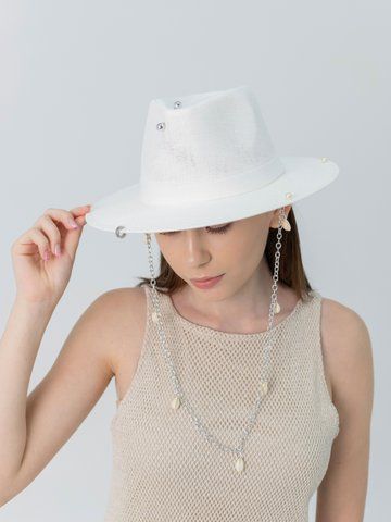 Капелюх літній федора з ланцюгом і мушлями D.Hats колір білий 1418016528 фото