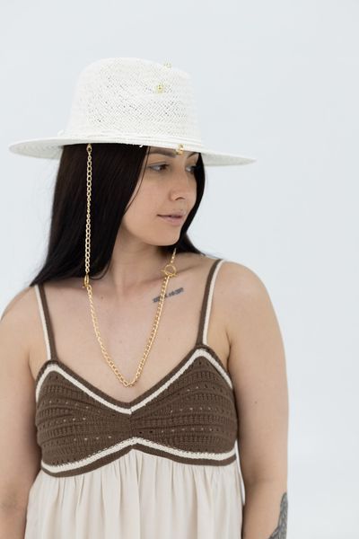 Шляпа Федора из рафия с золотистой цепью с кольцами D.Hats белая 3041449017 фото