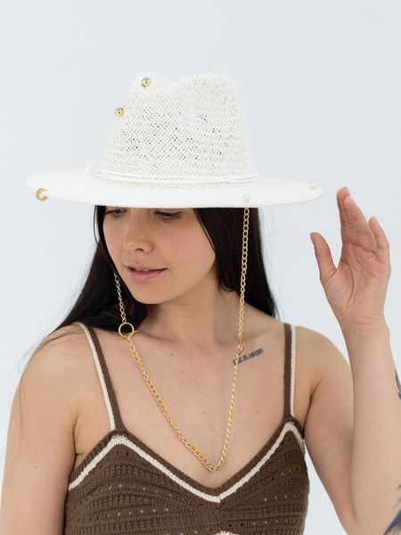 Шляпа Федора из рафия с золотистой цепью с кольцами D.Hats белая 3041449017 фото
