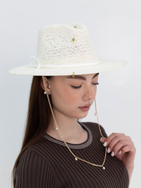 Шляпа Федора из рафия с золотистой цепью с жемчужинами D.Hats белая 3041459447 фото