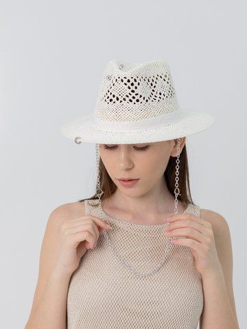 Капелюх літній ажурний Федора з серебристим ланцюгом D.Hats білого кольору 3109359394 фото