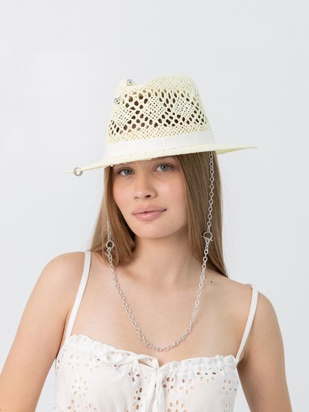 Капелюх літній ажурний Федора з серебристим ланцюгом D.Hats молочного кольору 3109386660 фото