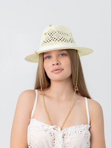 Капелюх літній ажурний Федора з золотистим ланцюгом D.Hats молочного кольору 3109445745 фото