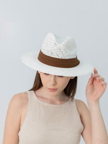 Плетений капелюх федора з коричневою стрічкою D.Hats білий 3109497921 фото