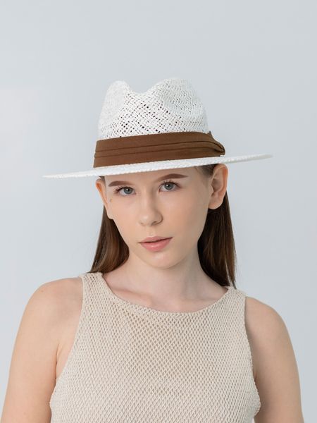 Плетений капелюх федора з коричневою стрічкою D.Hats білий 3109497921 фото