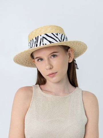 Соломенная шляпа канотье с широкой лентой принт зебра D.Hats 3155038095 фото