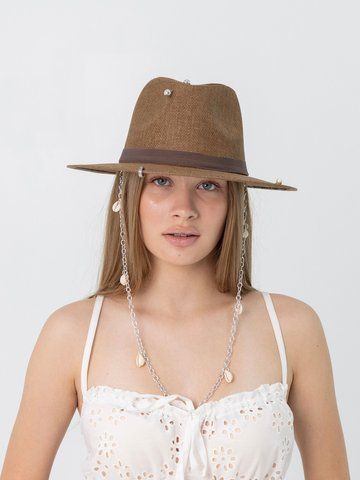 Капелюх федора з серебристим ланцюгом з мушлями D.Hats Коричневий 3111191279 фото