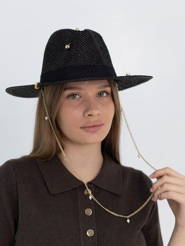 Капелюх Федора з рафія з золотистим ланцюгом з перлинами D.Hats чорний 3043160875 фото