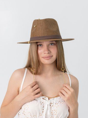 Капелюх федора з золотистим ланцюгом D.Hats Коричневий 3111250448 фото