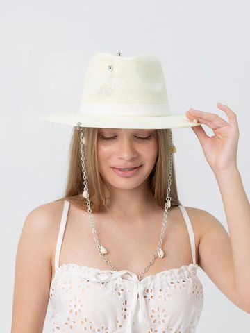 Капелюх федора з серебристим ланцюгом з мушлями D.Hats Молочний 3112931602 фото