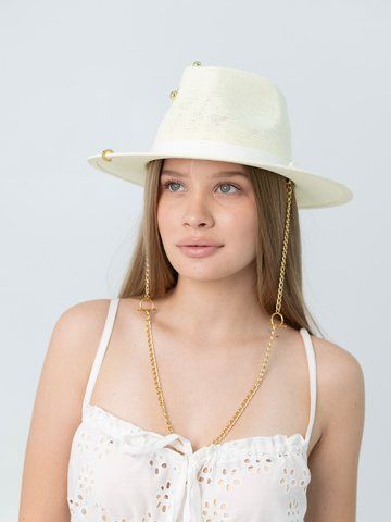Капелюх федора з золотистим ланцюгом D.Hats Молочний 3112938852 фото