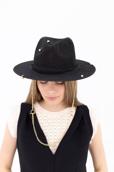 Шляпа федора летняя с золотистой цепью и жемчужинами D.Hats черная 2597615623 фото