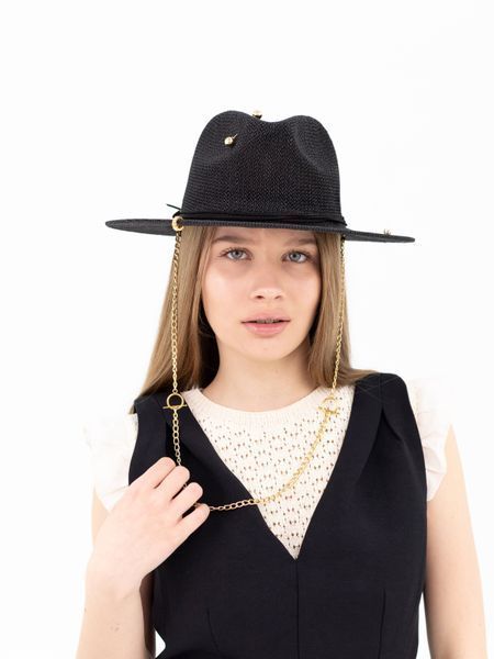 Шляпа федора летняя с золотистой цепью и жемчужинами D.Hats черная 2597615623 фото