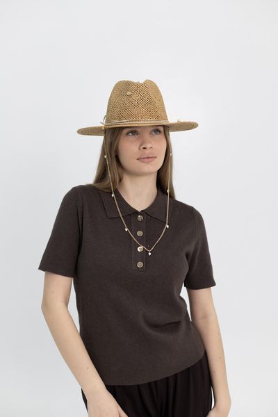 Шляпа Федора из рафия с золотистой цепью с жемчужинами D.Hats коричневая 3043168736 фото