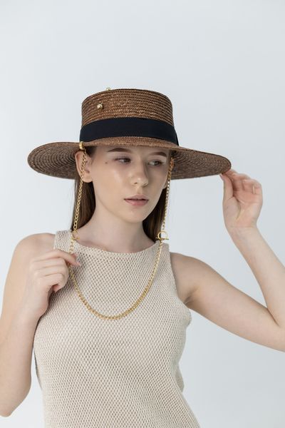Соломенная шляпа Канотье с полями 10 см с цепью D.Hats коричневого цвета 3118250947 фото